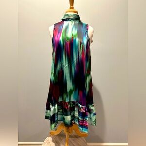 Badgley Mischka Belle high neck colorful knee length ruffled bow dress